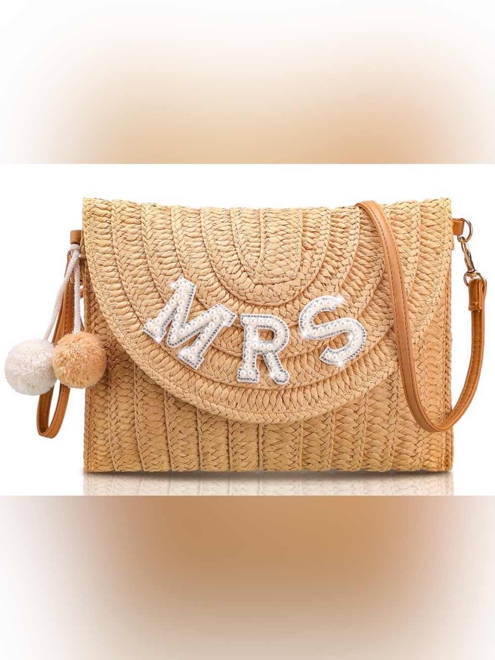 MRS Straw Envelope Crossbody Bag Rhinestone Pom Pom Bride Wedding Bridal
